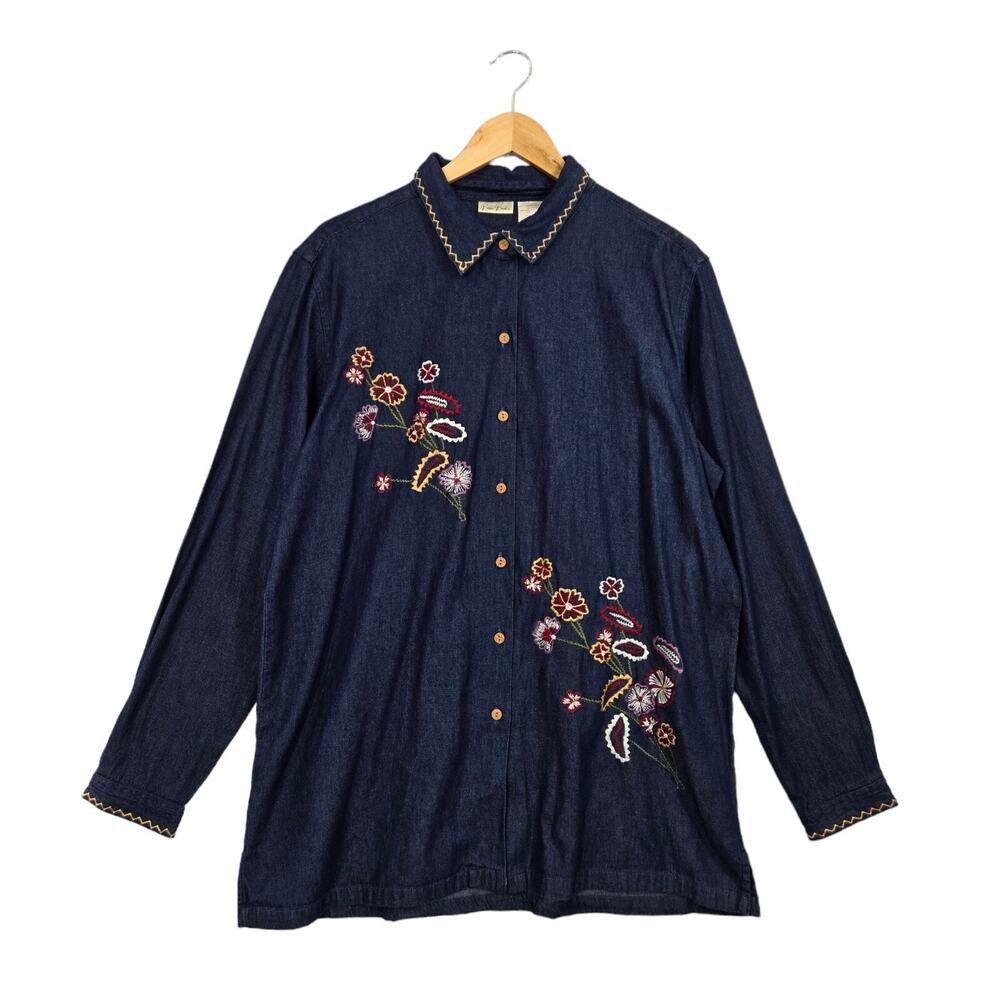 Vintage Bobbie Brooks Denim Shirt L Blue Floral Embroidered Cottagecore
